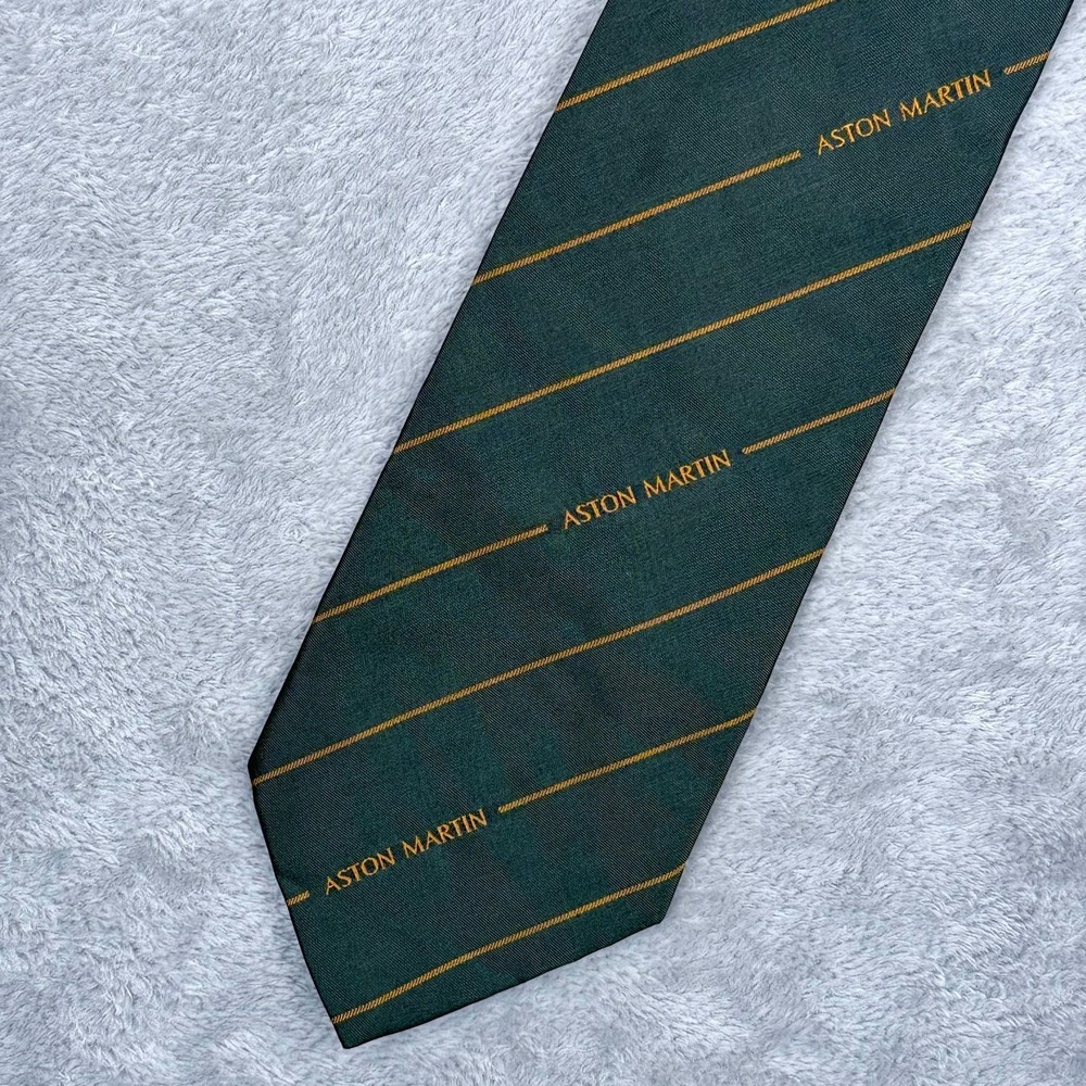 Aston Martin 100% Silk Tie Dark Green Gold Stripe Mens 3.5" Made UK Necktie